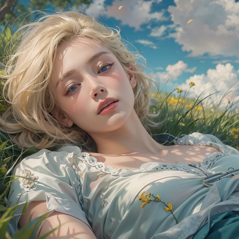 masterpiece: 1.2, Portraiture, Highest quality), Realistic, (Live Action, Intricate details, Written boundary depth), Highest quality, masterpiece, Attention to detail, semi-Realistic, Sleeping on the grass, shy, 21 years old, Short Blonde, blue eyes, Blonde、 Slim figure、Shoulder Bare、short pants 、Blue sky and a few clouds、Rolling around on the grass