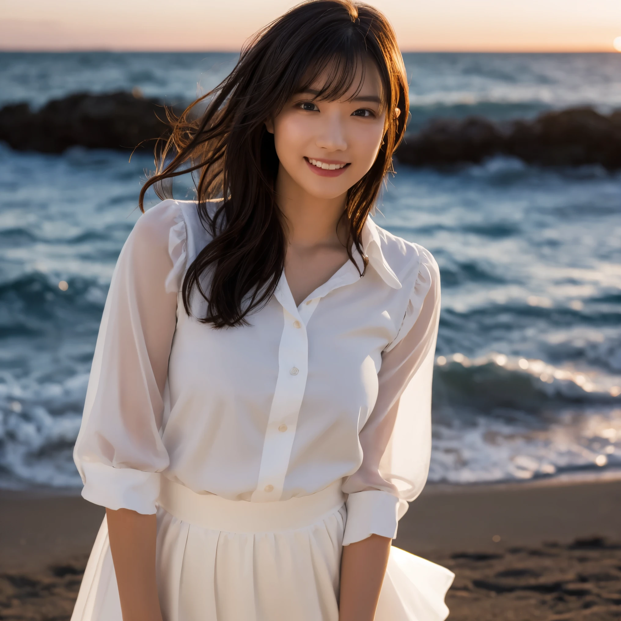 (Highest quality,masterpiece:1.3,Ultra-high resolution),(Very detailed,Caustics,8k),(Realistic:1.4,RAW shooting),Japanese,23 years old,cute,Put your finger on your lips,Are standing,(Big smile),(Looking into the camera),Black Hair Medium Hair,White blouse,Knee-length skirt,Strong winds,Hair blowing in the wind,coastal,Backlight,sunset,sunset sky,(whole body),Natural light