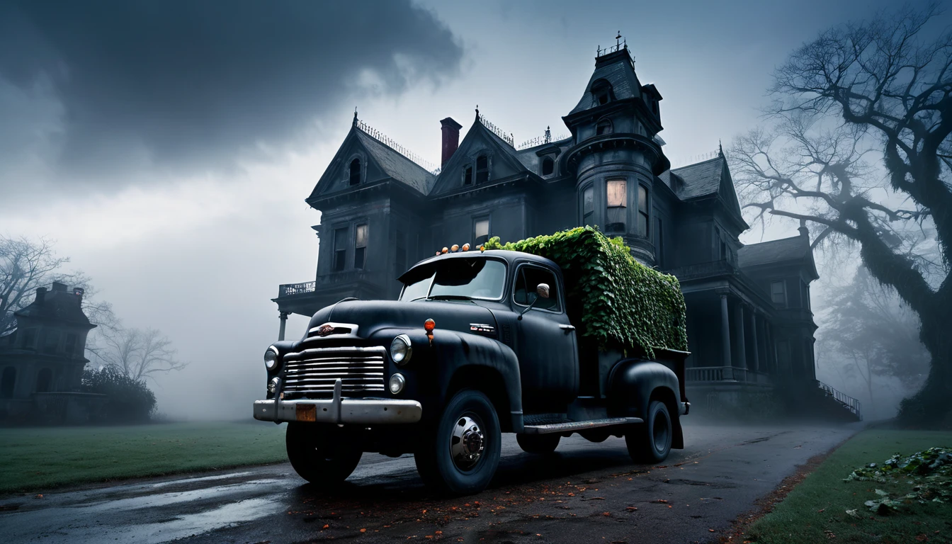 006: Create a hyper-realistic image of a large black truck parked in front of an abandoned, haunted mansion. The mansion looms ominously in the background, with broken windows and ivy-covered walls. A ghostly woman stands at the edge of the truck's headlights, her expression sad and haunting, as if she is pleading for help. The scene is enveloped in a cold, eerie mist that swirls around the truck and the mansion. The sky is dark, with a few ominous clouds swirling above. The image should be in a 16:9 format, with a focus on creating a chilling and foreboding atmosphere.