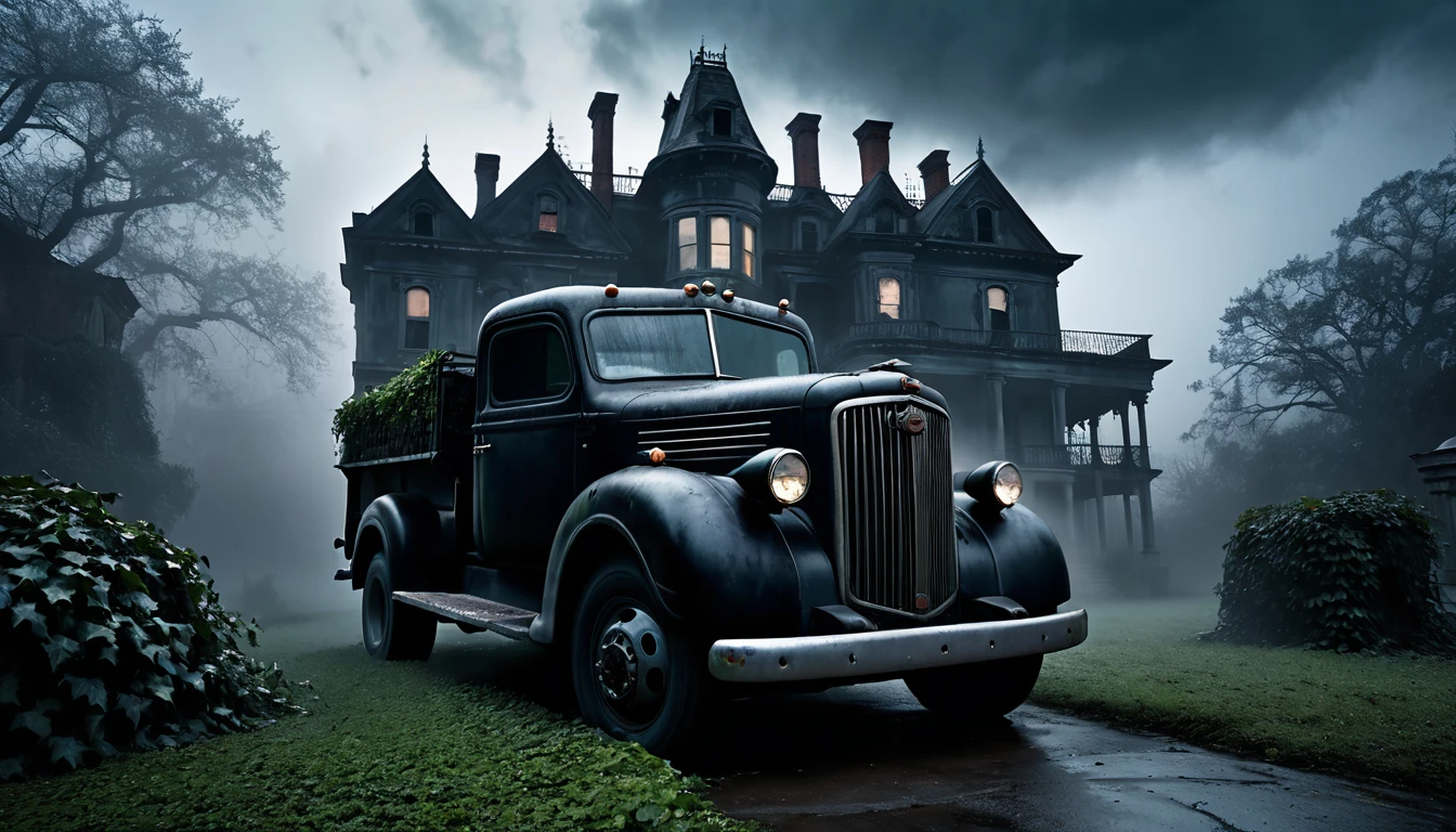 006: Create a hyper-realistic image of a large black truck parked in front of an abandoned, haunted mansion. The mansion looms ominously in the background, with broken windows and ivy-covered walls. A ghostly woman stands at the edge of the truck's headlights, her expression sad and haunting, as if she is pleading for help. The scene is enveloped in a cold, eerie mist that swirls around the truck and the mansion. The sky is dark, with a few ominous clouds swirling above. The image should be in a 16:9 format, with a focus on creating a chilling and foreboding atmosphere.