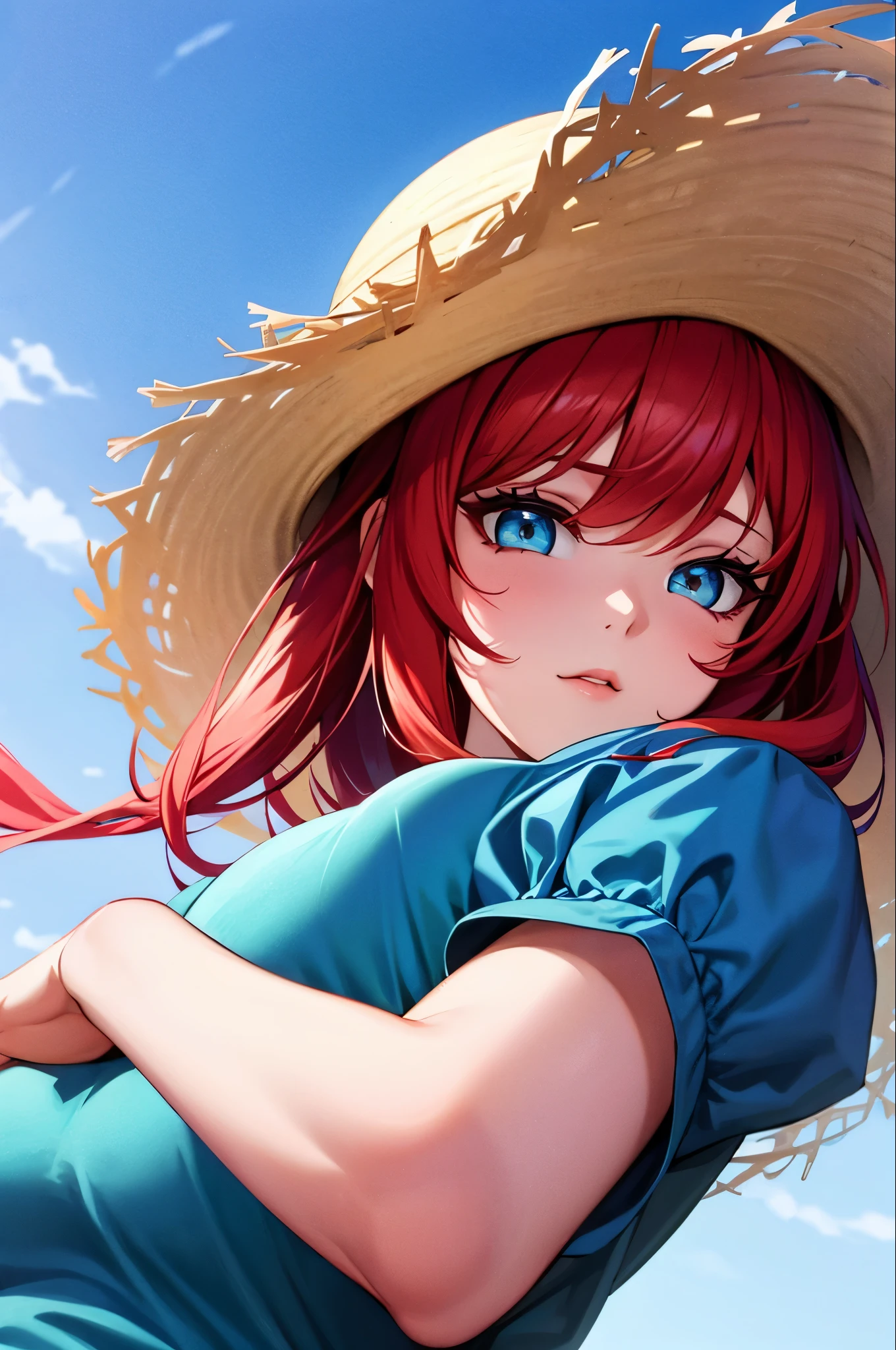 Red hair anime girl in straw hat and blue dress, artwork in the style of Gwaiz, Beautiful anime portraits, Gwaiz, Beautiful Anime Girls, 8k, In the art style of Bouwater, Beautiful digital illustrations