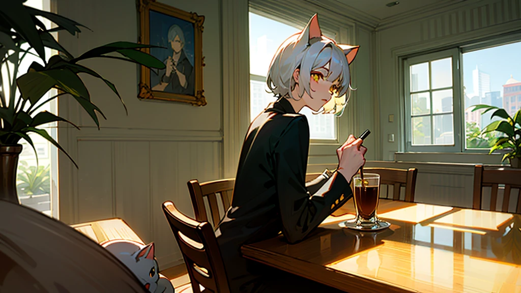 White-haired cat-eared girl、Yellow Eyes、Cat Eyes、A modern and sophisticated urban cafe、Light shines through the glass window、Chic interior and lush plants、A person with an open laptop is relaxing and drinking coffee、The tone is warm、invisible hands、