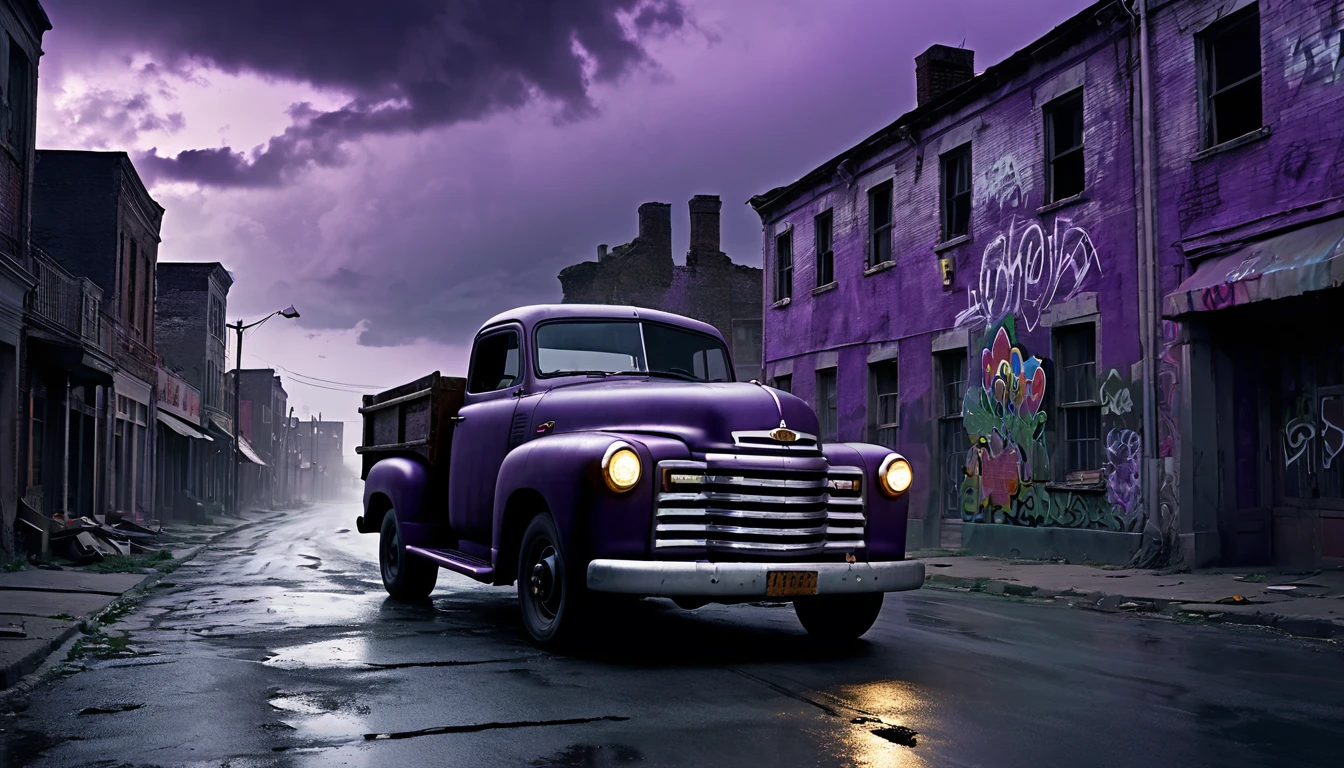 007: Create a hyper-realistic image of a black truck driving through a deserted town at dusk. The buildings are old and crumbling, with boarded-up windows and graffiti-covered walls. The truck's headlights illuminate a ghostly woman standing in the middle of the road, her dress fluttering in an unseen wind. The town is silent, with an eerie, unnatural stillness that suggests something is terribly wrong. The sky is a dark, foreboding shade of purple, with storm clouds gathering in the distance. The image should be in a 16:9 format, with dramatic lighting that enhances the tension and fear in the scene.