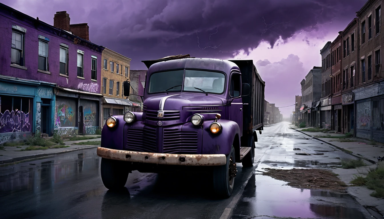 007: Create a hyper-realistic image of a black truck driving through a deserted town at dusk. The buildings are old and crumbling, with boarded-up windows and graffiti-covered walls. The truck's headlights illuminate a ghostly woman standing in the middle of the road, her dress fluttering in an unseen wind. The town is silent, with an eerie, unnatural stillness that suggests something is terribly wrong. The sky is a dark, foreboding shade of purple, with storm clouds gathering in the distance. The image should be in a 16:9 format, with dramatic lighting that enhances the tension and fear in the scene.

