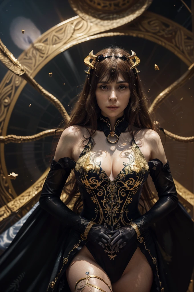 (The atmosphere is black and gold). Violet Evergarden has deer antlers. Her dress has a beautiful shimmering pulsating gold pattern that gives it an extraordinary look. The wings seem to embrace the heroine, a spiral halo hovers above her head, giving the image an unearthly appearance, ((a chain of energy spins as if cutting through the air), golden butterflies fly next to the heroine. (((ultra-detailed illustration of an absent-minded hallucinatory woman, a ghostly creature))) ( transparent fabric floating around the main character) (unusual chromatic contrast) by Lecro, UHD, HDR, 8K.