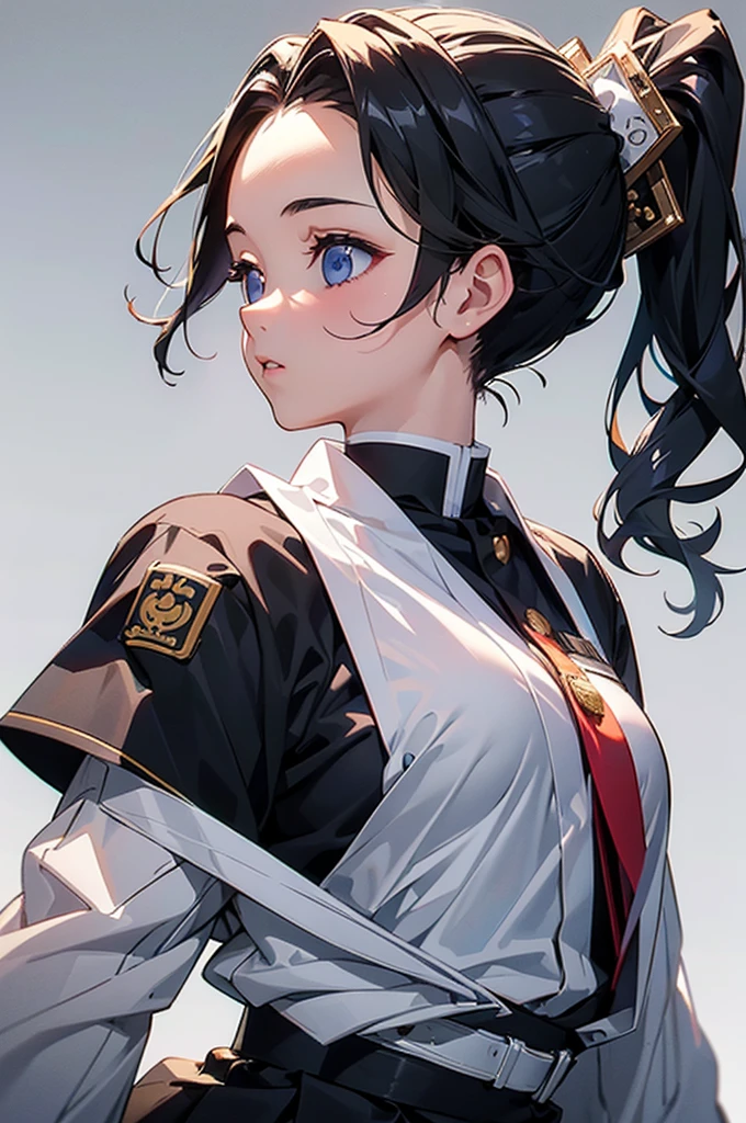 8k, Ultra-high resolution, Highest quality, masterpiece, 三分割法によるphotograph,Surreal, photograph, 1 girl, (16 years old:1.3), pretty girl, Cute Face, Beautiful eyes in every detail, 細かくdetailedに,masterpiece,One Girl:1.2,Japanese female officers,Senior NCO,whole body,Black ponytail, (Best ceremonial attire:1.3),Pencil Skirt, SS uniform,Hugo Boss,Sharp contours,Looking down,Gray background, Light from above, Low contrast, (Side view),Perfect and beautiful face ,完璧でCute Face, Skin with attention to detail, Perfect limbs、Tight waist,Looking at the audience,(((Ideal body type))),A-cup small breasts :2,Portraiture:2,Perfect Anatomy,鮮明なdetailed,detailed,Surreal,Light and shadow,Shine