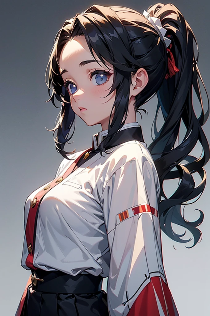 8k, Ultra-high resolution, Highest quality, masterpiece, 三分割法によるphotograph,Surreal, photograph, 1 girl, (:1.3), pretty girl, Cute Face, Beautiful eyes in every detail, 細かくdetailedに,masterpiece,One Girl:1.2,Japanese female officers,Senior NCO,whole body,Black ponytail, (Best ceremonial attire:1.3),Pencil Skirt, SS uniform,Hugo Boss,Sharp contours,Looking down,Gray background, Light from above, Low contrast, (Side view),Perfect and beautiful face ,完璧でCute Face, Skin with attention to detail, Perfect limbs、Tight waist,Looking at the audience,(((Ideal body type))),A-cup small breasts :2,Portraiture:2,Perfect Anatomy,鮮明なdetailed,detailed,Surreal,Light and shadow,Shine