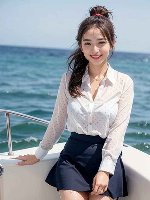 Gray background、pubic hair、Large Breasts、Thighs、Red lipstick、Cute woman、high school girl、White shirt、(Navy blue skirt)、smile、Open chest shirt、(A polka dot shirt that was wet and showed her underwear)、Wet Hair、Gazing at the sea、smile、On the boat、ponytail、