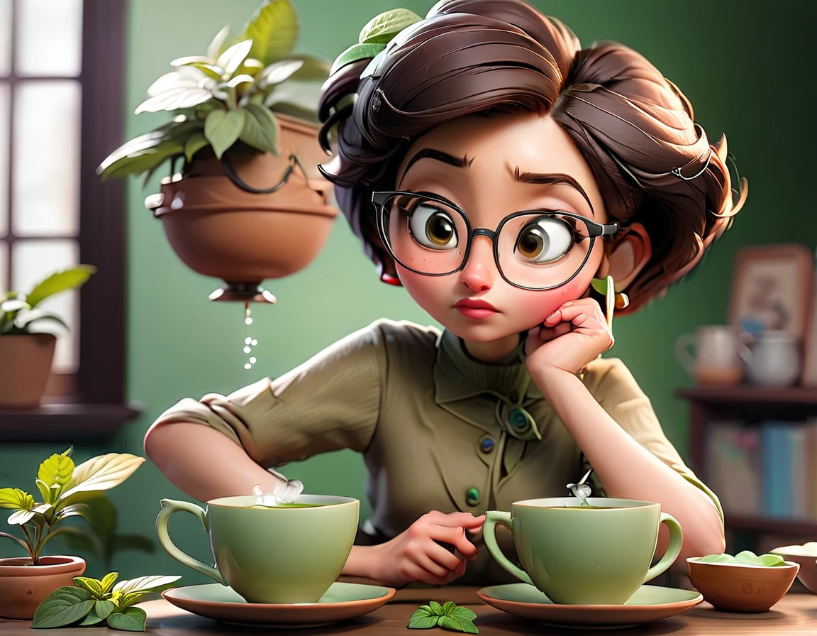 Woman with short hair and glasses making mint tea