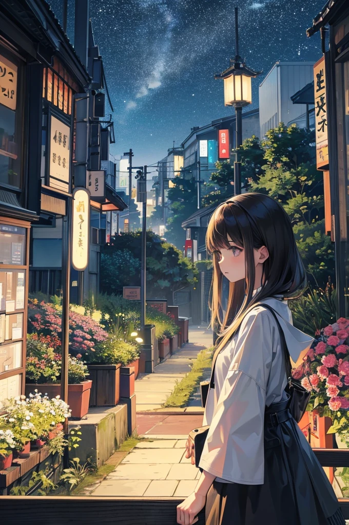 Calm girl looking from the window at a beautiful landscape, forests and lights at night, set in the sights of tokyo, season, spring, hd quality