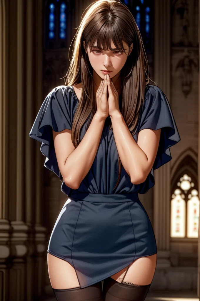 (masterpiece:1.3, Highest quality), Ultra-high resolution, Very detailed, (Realistic, photoRealistic:1.4), beautifulイラスト, Perfect lighting, colorful, Written boundary depth, View your audience, (Face Focus, Upper Body), 1 girl, Gravure Model, (Large Breasts:0.8), Captivating thighs, Skin dentition), (Medium Hair:1.2, Half Up:1.2), Light brown hair, bangs, braided bangs, Dark brown eyes, Droopy eyes, Release your lips, Glowing Skin, beautiful髪, beautiful顔, Very detailed顔, 細部へのbeautiful配慮, beautiful鎖骨, beautiful体, beautiful胸, beautiful太もも, beautiful足, beautiful指, (Professional Lighting, (((beautiful)),(((Glowing Skin))), ((Intricate details)), , (black stockings,black boots, white and dark blue bishop's costume:1.5), garnet necklace, (beautiful scenery), , ((Thighs,mini skirt,pencil skirt)),(cathedral:1.3),Open your mouth,((Saint praying to God,In prayer)), (Prayer Pose,Prayer pose),((Dark brown eyes)),