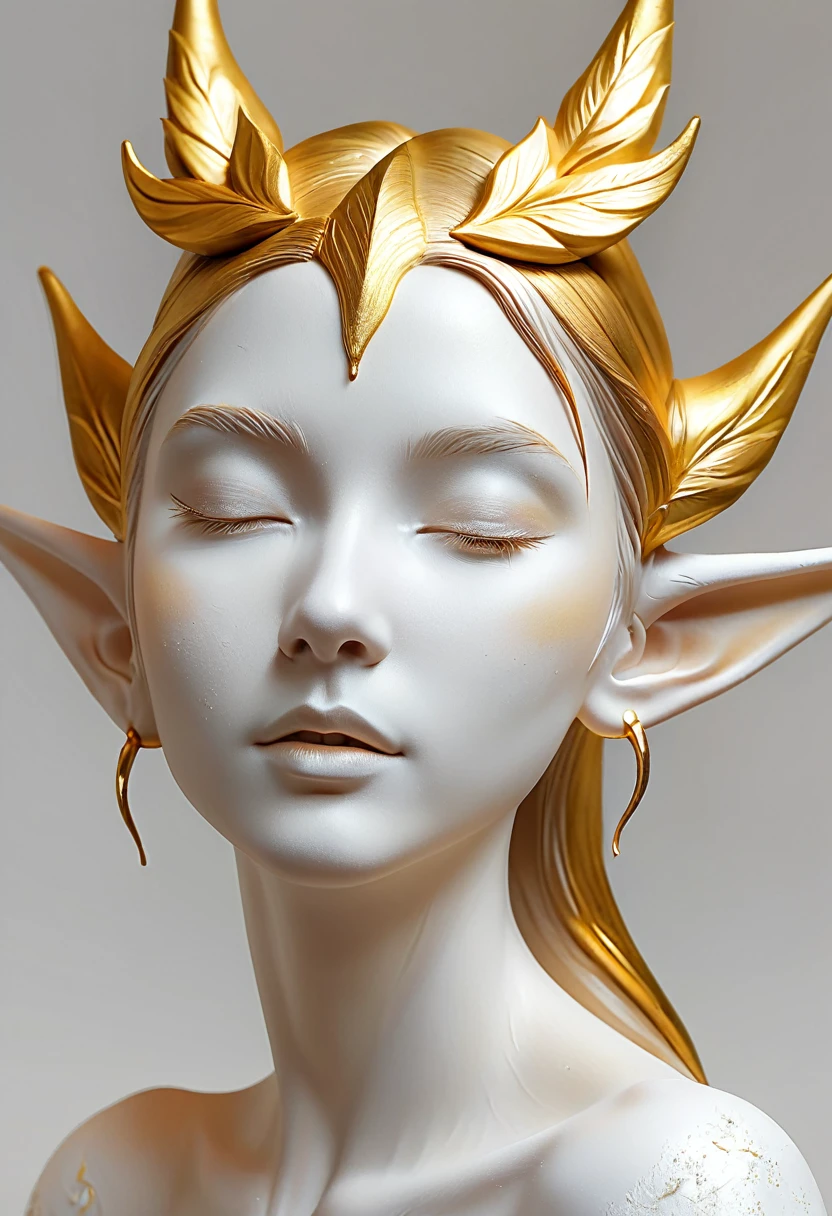 Beautifully decorated ornaments, artistic crafts, 3D white clay statue with rough surface and graininess, graceful elf ears, artistic beauty, tracing gold, gold, golden powder, (best quality,4k,8k,highres,masterpiece:1.2),ultra-detailed,(realistic,photorealistic,photo-realistic:1.37)