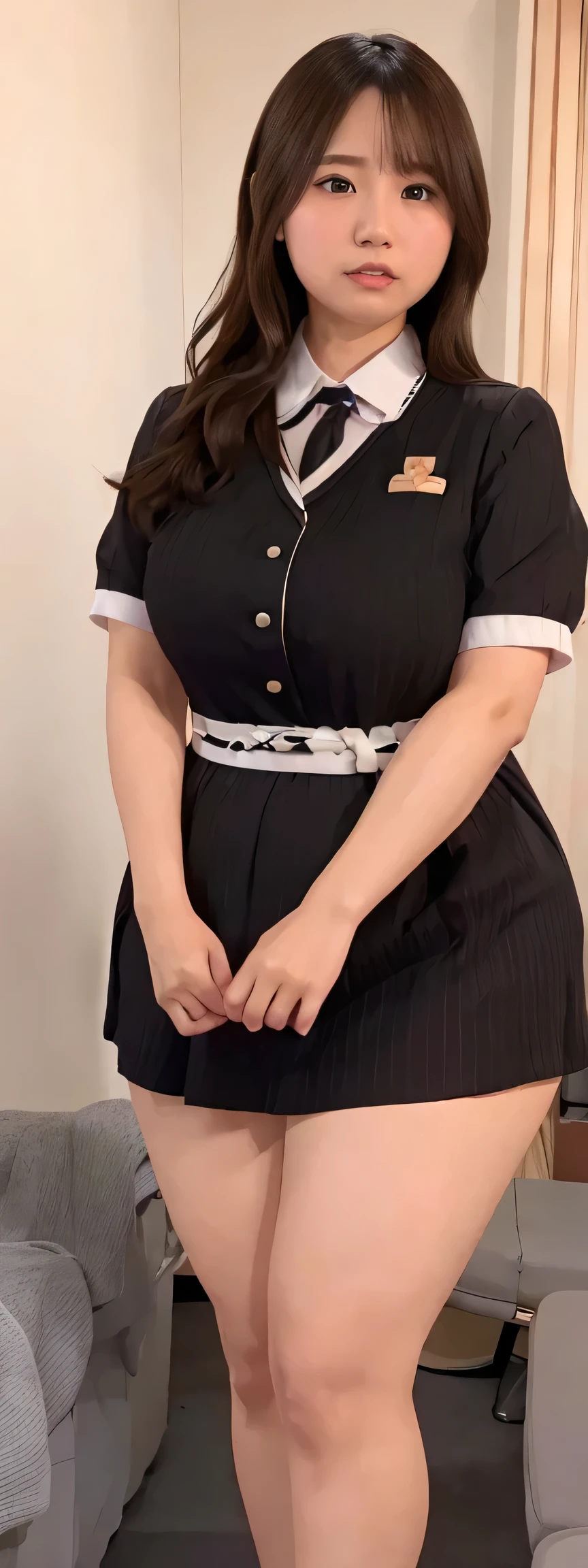 Japanese maid, Mature Woman, ((A little chubby, Round face, About 40)), Wavy black hair with no bangs, Long Hair, Twin ponytail, Flashy makeup, Fuller lips, Sexy Gaze, uniform, ((dressing)), Looking into the camera, Low angle shooting, Cute duck mouth,((Extremely precise and accurate anatomy)),  (masterpiece:1.43), Perfect Proportions, Realistic photos, Full Shot, whole body, (height: 146cm), High heels Has two legs,Has two arms、Has two legs, You need two arms)) 