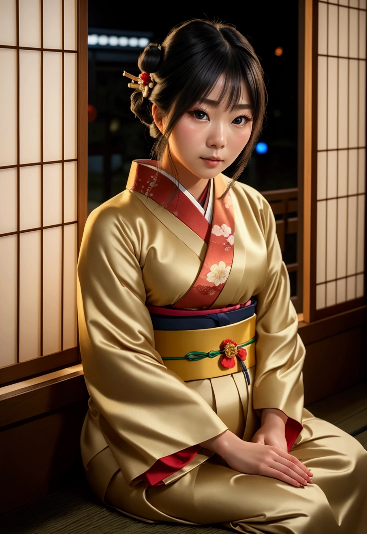 photorealistic, Alone, Beautiful Japanese woman, traditional kimono, Natural figure, soft smile, awesome look, Traditional hairstyle, Japanese room at dusk, Sitting by the window, Illuminated by city lights, (Attractive Pose), professional photographer, shallow depth of field, backlit,