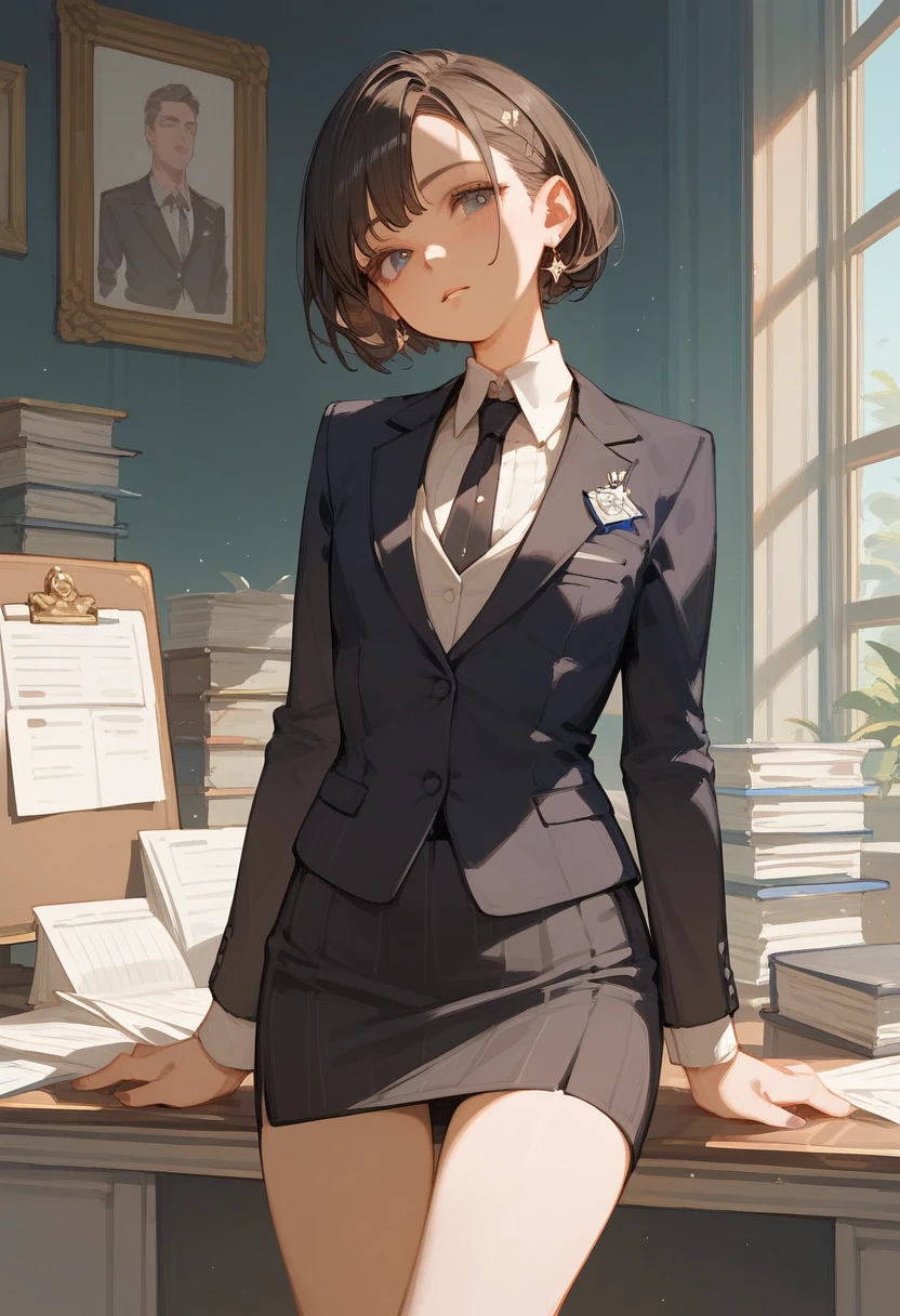 最high quality, masterpiece, 1 girl, Beautiful Face, high quality, High resolution, Small face, pretty girl, Black Formal Blazer, Middle chest, Short skirt,office