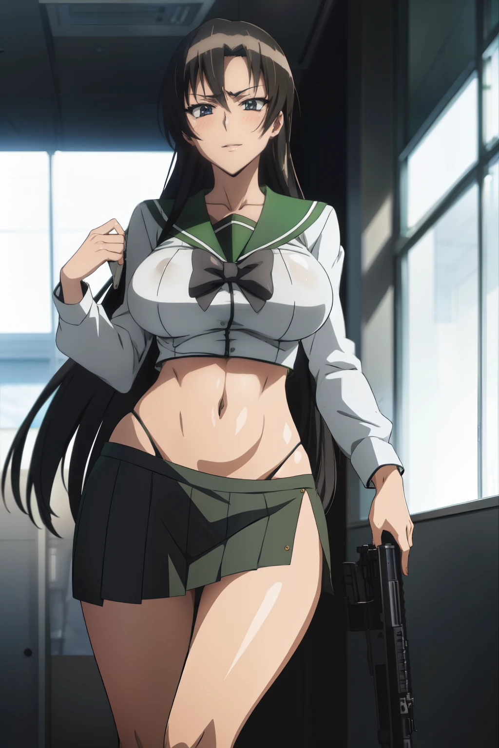 orianathomason, oriana thomason, black hair,, black eyes, long hair, 
 blush, lipstick, jewelry, earrings,  Hot girl, baddie, mean girl, sensual, attractive, masterpiece, best quality, highly detailed, a anime girls in sailor uniforms with a gun posing for a picture,
evil smile, smile, open mouth,black_serafuku, ecchi anime style, anime girls , (nsfw) not safe for work,
ecchi style, ecchi, shipgirls, digital anime art!!, high school girls, holding a gun, hold a gun, anime style 4
k, micro skirt, exposed belly, exposed navel, exposed midriff, holding pistol,underboob,
exposed lower belly,school, classroom