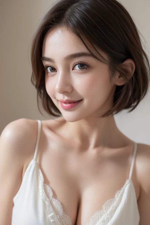 (One Girl), Very cute face, Great face and eyes, (Highly detailed eyes, Highly detailed face), Fresh, Very beautiful appearance, (Ultra-realistic, High resolution), (Highest quality:1.4), RAW Photos, (Realistic, Photorealistic:1.37), Professional photography, (Cleavage:1.2), (Exposing shoulders), smile, (Look at me), Bedroom, Portrait of a Girl,Clothes that show the chest, short hair