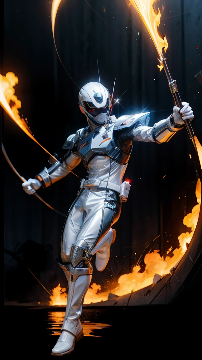 1boy, white, full body, Illustration, cinematic light, high resolution, best quality, ultra detailed, masterpiece, power suit, powerranger, suit, spd, (silver royal guard ranger suit), gold detail, holding white pistol, flowing, light armor,  martial arts, dynamics, flames, particles