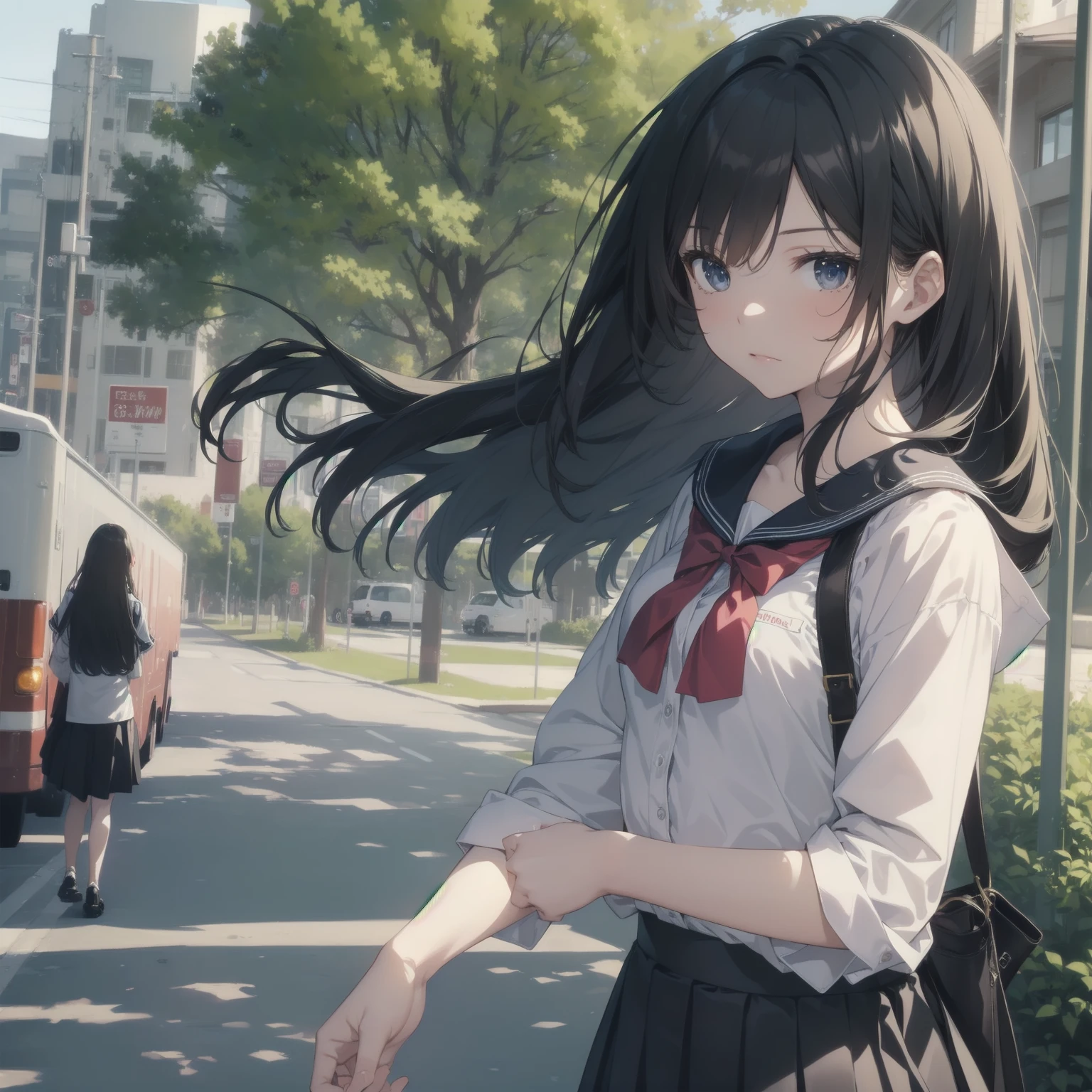 ultra-absurdres-Top quality by artist God, ultra-detailed, high resolution, anime moe artstyle, best anime 8k konachan wallpaper, pixiv contest winner, pool:2810, perfect anatomy,break, 1girl, (Please draw a girl walking sleepily to school alone. )break,(Solo,little female, 13-year-old:1.3),Full limbs, complete fingers,a junior high school student, (very short hair), short cut, flat chest, , small butt, small black eyes, beautiful detailed eyes, well-proportioned iris and pupils, expressive eyes, highres detailed hair, soft expression, salor school_uniform, sailor collar, serahuku, bow, pleated skirt,(Detailed Lighting), (Detailed background), in the School commute route. break,super detailed skin, Best cinematic lighting powered by famous artist, 8k,beauty illustration,photoshop_(medium),very aesthetic,break,((artist:horosuke )), artist:clamp ,artist:carnelian ,artist:kantoku ,