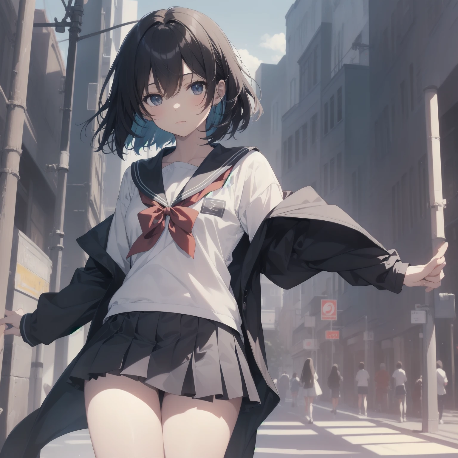 ultra-absurdres-Top quality by artist God, ultra-detailed, high resolution, anime moe artstyle, best anime 8k konachan wallpaper, pixiv contest winner, pool:2810, perfect anatomy,break, 1girl, (Please draw a girl walking sleepily to school alone. )break,(Solo,little female, 13-year-old:1.3),Full limbs, complete fingers,a junior high school student, (very short hair), short cut, flat chest, , small butt, small black eyes, beautiful detailed eyes, well-proportioned iris and pupils, expressive eyes, highres detailed hair, soft expression, salor school_uniform, sailor collar, serahuku, bow, pleated skirt,(Detailed Lighting), (Detailed background), in the School commute route. break,super detailed skin, Best cinematic lighting powered by famous artist, 8k,beauty illustration,photoshop_(medium),very aesthetic,break,((artist:horosuke )), artist:clamp ,artist:carnelian ,artist:kantoku ,