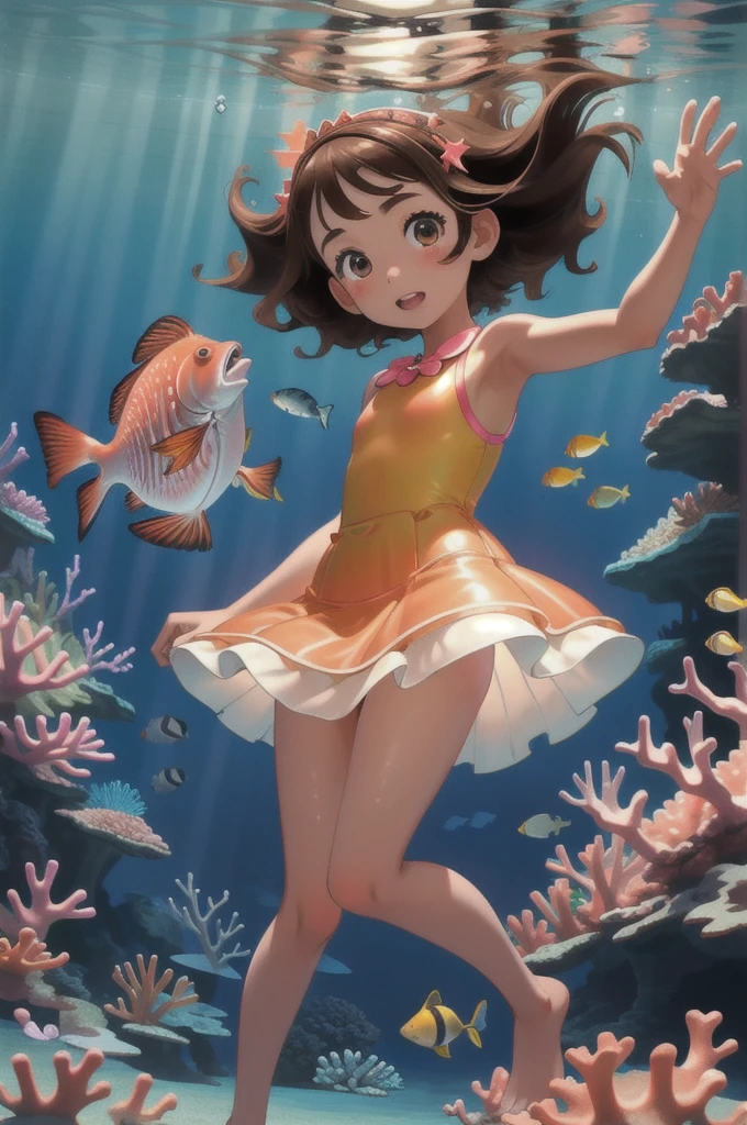 high quality, masterpiece, 8Year old girl, Brown Hair, Semi-transparent one-piece dress, In the water, Coral Reef, fish, Skirt flipped up、