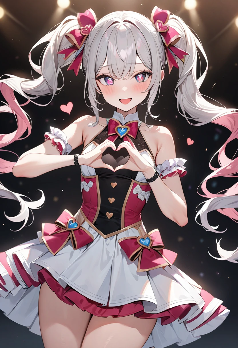 (masterpiece, top quality, very aesthetic, 4k、illustration), intricate detail, 1woman,、solo,contrapposto 、,(cowboy shot)、(heart shaped pupils),Cute、fan service、heart hands、happy smile、Random Hairstyle、Random Hair Color、,middle hair,sidelock ,Random Color　eyes、idol clothes、small breasts、Slim 、