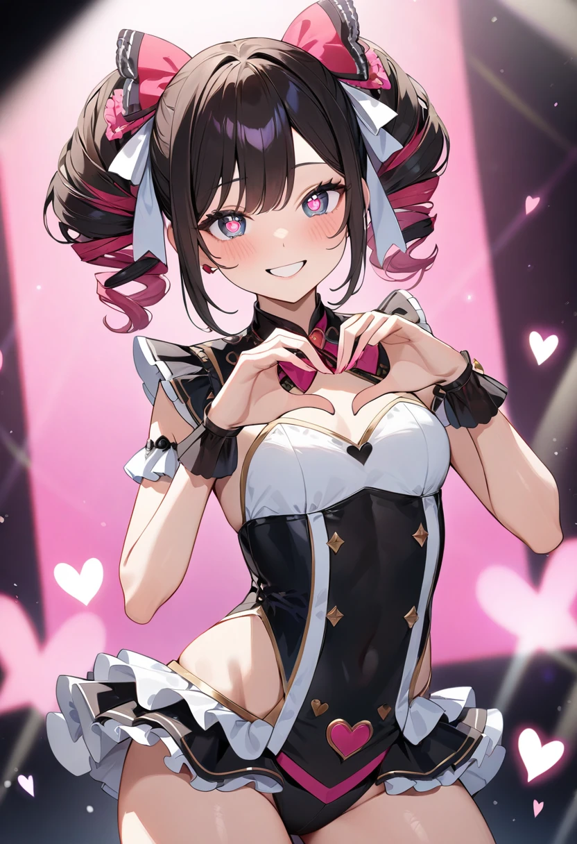 (masterpiece, top quality, very aesthetic, 4k、illustration), intricate detail, 1woman,、solo,contrapposto 、,(cowboy shot)、(heart shaped pupils),Cute、fan service、heart hands、happy smile、Random Hairstyle、Random Hair Color、,middle hair,sidelock ,Random Color eyes、idol clothes、small breasts、Slim 、