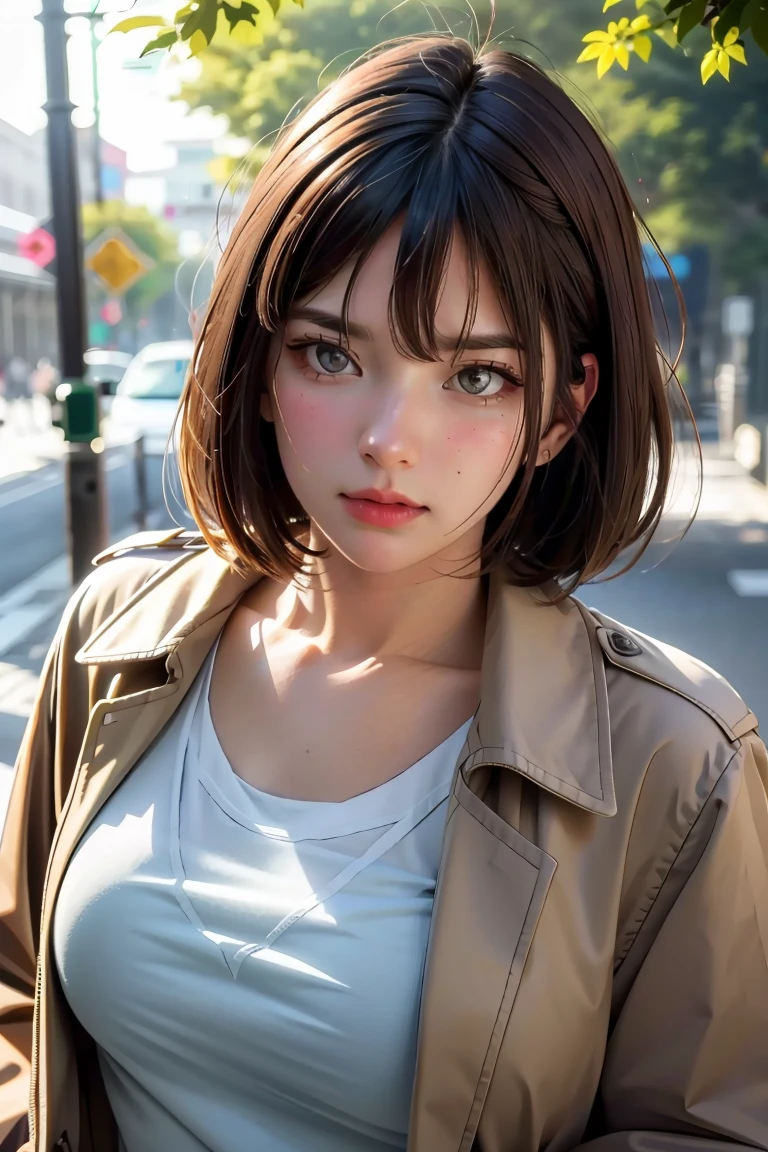 T-shirt, coat, , (photorealistic:1.4), (best quality:1.0), (ultra highres:1.0), 8k, RAW photo, (masterpiece:0.2), , zydG, 1girl, detailed skin, looking at viewer, brown eyes, (short hair with bangs:1.2), (large breasts:1.0), (large areolae:0.8), , (pureerosface_v1:0.5)