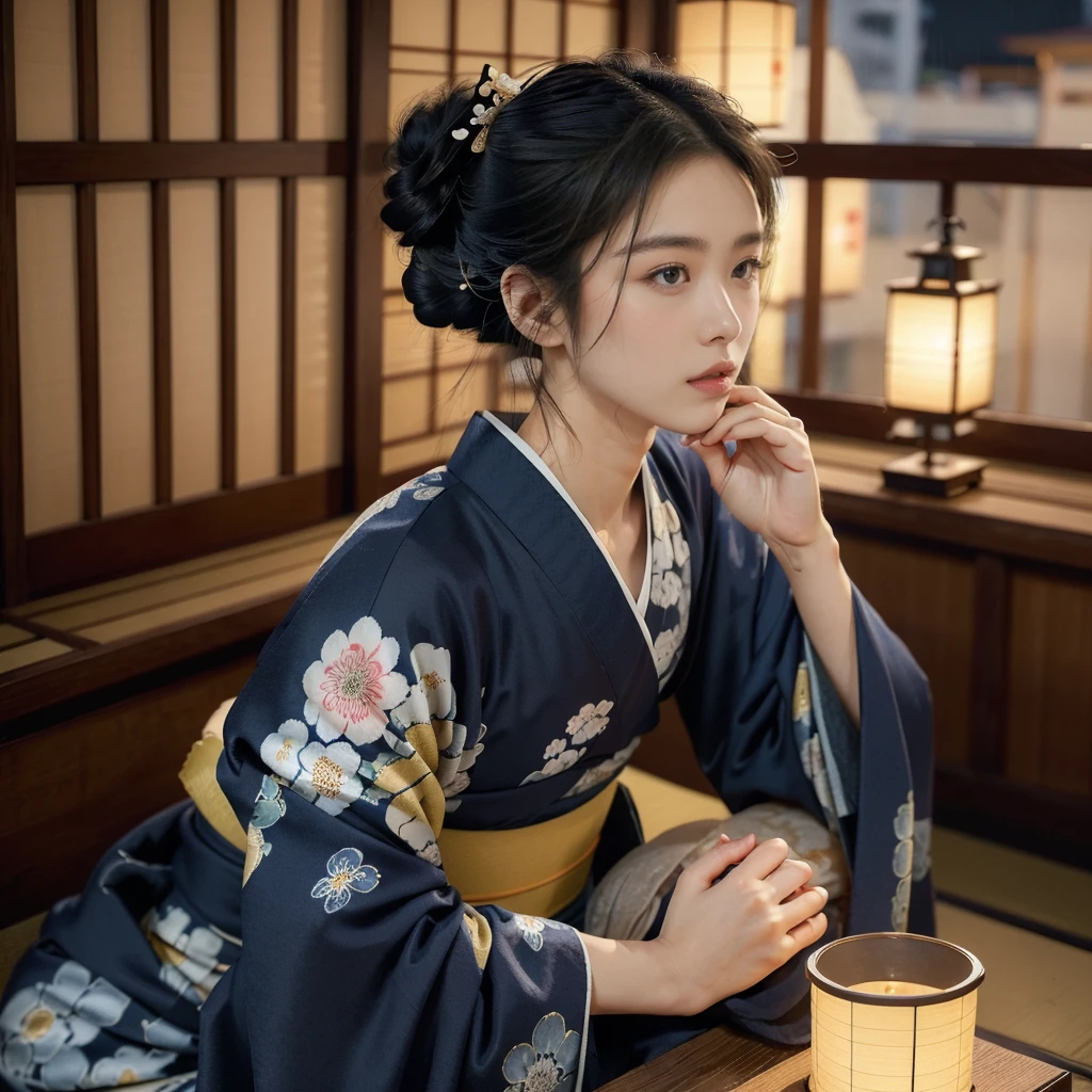 (((best quality))),(((ultra detailed))),(((masterpiece))),illustration,((1 beautiful Japanese girl,solo)),((slim,thin)),((small breasts,flat chest)),serene,melancholic,(rainy:1.3),(night scene:1.3),(in izakaya:1.3),(bun hair:1.2),(traditional Navy blue floral kimono:1.3),cozy atmosphere,sipping drink,ethereal appearance,delicate features,expressive eyes,contemplation,numbs loneliness,intricate kimono patterns,billowing kimono,traditional beauty,graceful sitting pose,sliding doors,rainy alley,soft glow lanterns,warm ambiance,cigarette vapor,atmospheric haze,introspection,isolation,beauty in solitude,complex emotions,quiet moments,Drinking Alone,narrative,loneliness,yearning,inner peace,((from front,upper body))