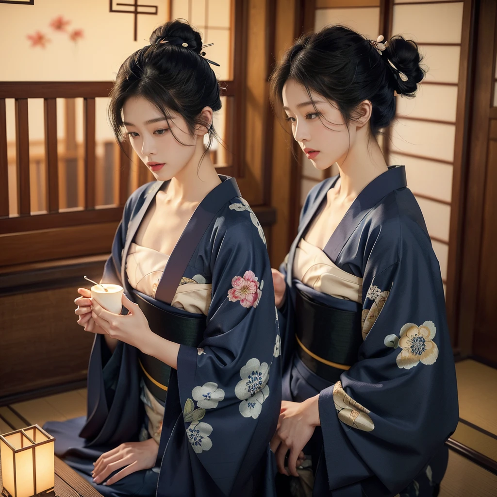 (((best quality))),(((ultra detailed))),(((masterpiece))),illustration,((1 beautiful Japanese girl,solo)),((slim,thin)),((small breasts,flat chest)),serene,melancholic,(rainy:1.3),(night scene:1.3),(in izakaya:1.3),(bun hair:1.2),(traditional Navy blue floral kimono:1.3),cozy atmosphere,sipping drink,ethereal appearance,delicate features,expressive eyes,contemplation,numbs loneliness,intricate kimono patterns,billowing kimono,traditional beauty,graceful sitting pose,sliding doors,rainy alley,soft glow lanterns,warm ambiance,cigarette vapor,atmospheric haze,introspection,isolation,beauty in solitude,complex emotions,quiet moments,Drinking Alone,narrative,loneliness,yearning,inner peace,((from front,upper body))