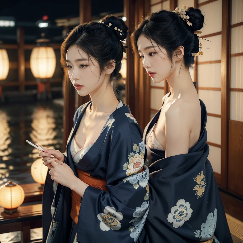 (((best quality))),(((ultra detailed))),(((masterpiece))),illustration,((1 beautiful Japanese girl,solo)),((slim,thin)),((small breasts,flat chest)),serene,melancholic,(rainy:1.3),(night scene:1.3),(in izakaya:1.3),(bun hair:1.2),(traditional Navy blue floral kimono:1.3),cozy atmosphere,sipping drink,ethereal appearance,delicate features,expressive eyes,contemplation,numbs loneliness,intricate kimono patterns,billowing kimono,traditional beauty,graceful sitting pose,sliding doors,rainy alley,soft glow lanterns,warm ambiance,cigarette vapor,atmospheric haze,introspection,isolation,beauty in solitude,complex emotions,quiet moments,Drinking Alone,narrative,loneliness,yearning,inner peace,((from front,upper body))