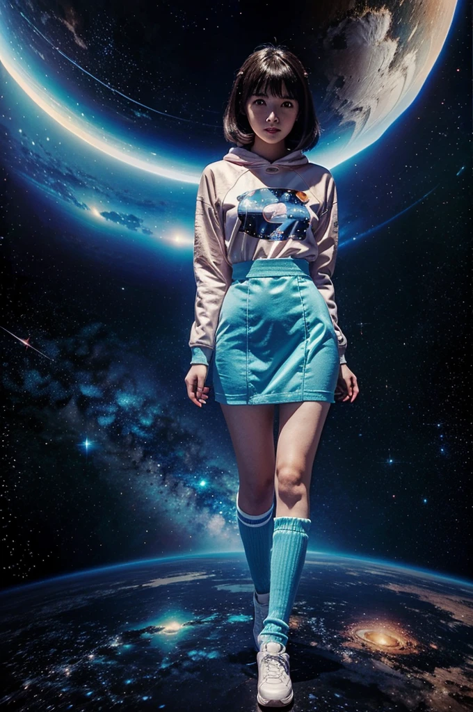 Anime girl wearing retro space-themed outfit with anime-style illustration 