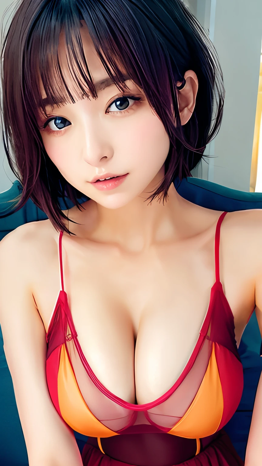 Transparent see-through camisole、She shows off her breasts from her light blue camisole、Stepped nipple details