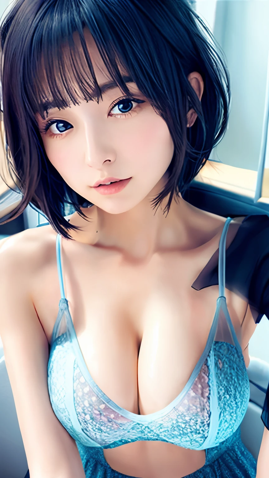 Transparent see-through camisole、She shows off her breasts from her light blue camisole、Stepped nipple details