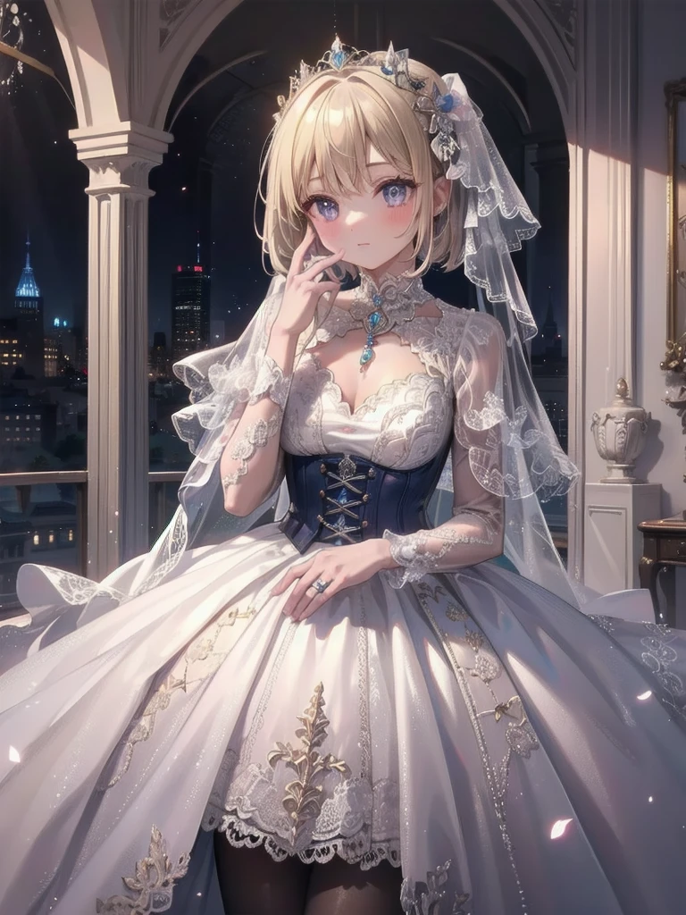  bride: wedding ring shining on ring finger Fusion of medieval European fashion Emphasis on elements of cuteness and adoration Posed illustration of the overwhelming cuteness of the character in the foreground Overwhelming architectural and cityscape background Ultra-detailed, rich, contemporary interpretation of medieval Europe and fantasy world Realistic textures, Professional artistic shading and light sources, scene-like cinematography and effects, depth of subject One beautiful girl, super cute, bob cut, side ponytail, perfect anatomy 
Colours: pastel, white, pale purple, blue, gingham check 
Materials: chiffon, lace, satin, velvet, etc. Silhouette: fluffy skirt, A-line, long length 
Decoration: frills, ribbons, lace, pearls, embroidery etc. Coordinates Romantic princess: pastel dress, lace blouse, fluffy skirt, ribbon hair accessory, black tights Add accessories and accessories to personalise.