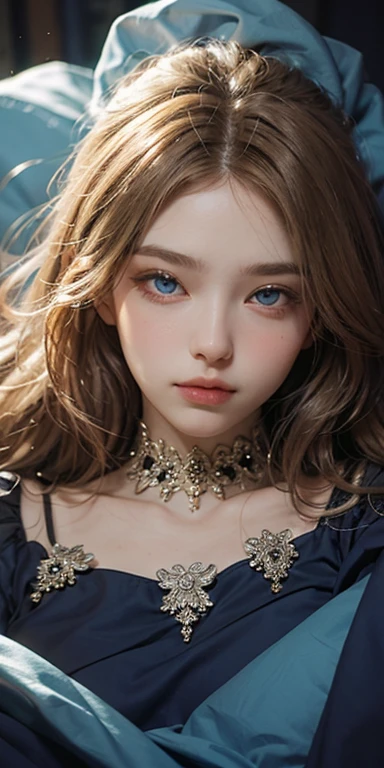 (masterpiece: 1.2, Portraiture, Highest quality), Realistic, (Live Action, Intricate details, Written boundary depth), Highest quality, masterpiece, Attention to detail, semi-Realistic,  Sleeping in bed, shy, 21 years old, Short Blonde, Hair in the left eye, blue eyes, Royal dress, Slim figure、Canopy bed、 sleeping beauty,