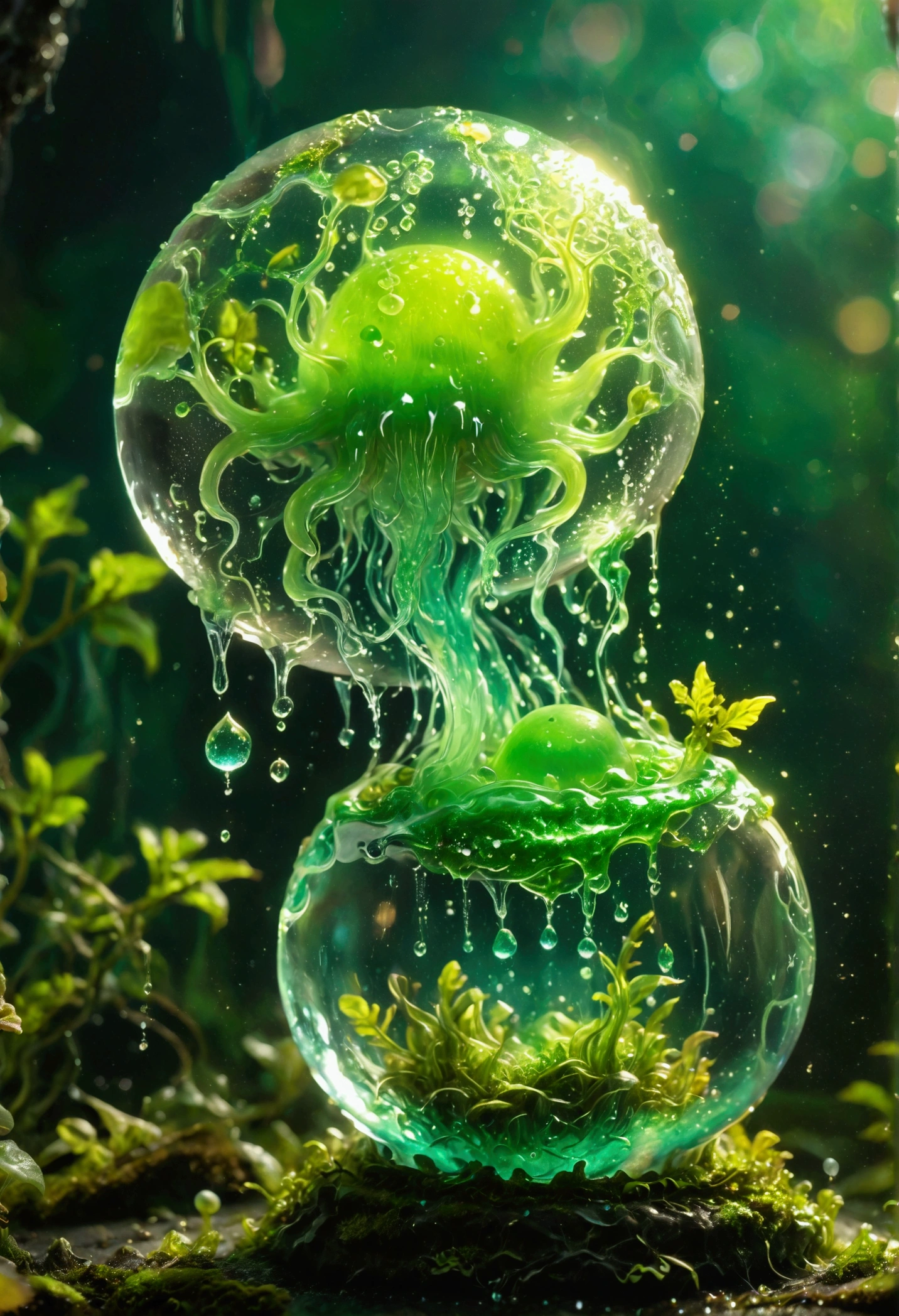 Visualize a slime creature in a fantasy setting. The creature is known for its jelly-like translucent body that shimmers in various shades of green. It has no definite shape but is generally spherical. It moves slowly by deforming its body, flowing over obstacles in its path. Within its gelatinous mass, tiny sparkles can be seen, giving it an otherworldly charm.
