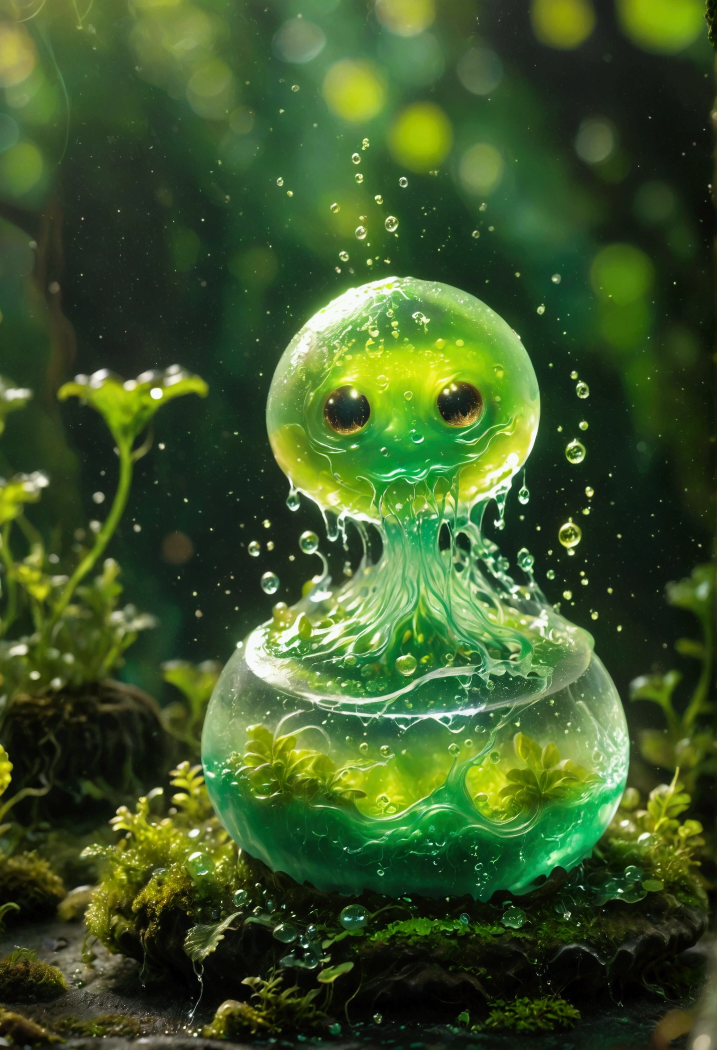 Visualize a slime creature in a fantasy setting. The creature is known for its jelly-like translucent body that shimmers in various shades of green. It has no definite shape but is generally spherical. It moves slowly by deforming its body, flowing over obstacles in its path. Within its gelatinous mass, tiny sparkles can be seen, giving it an otherworldly charm.
