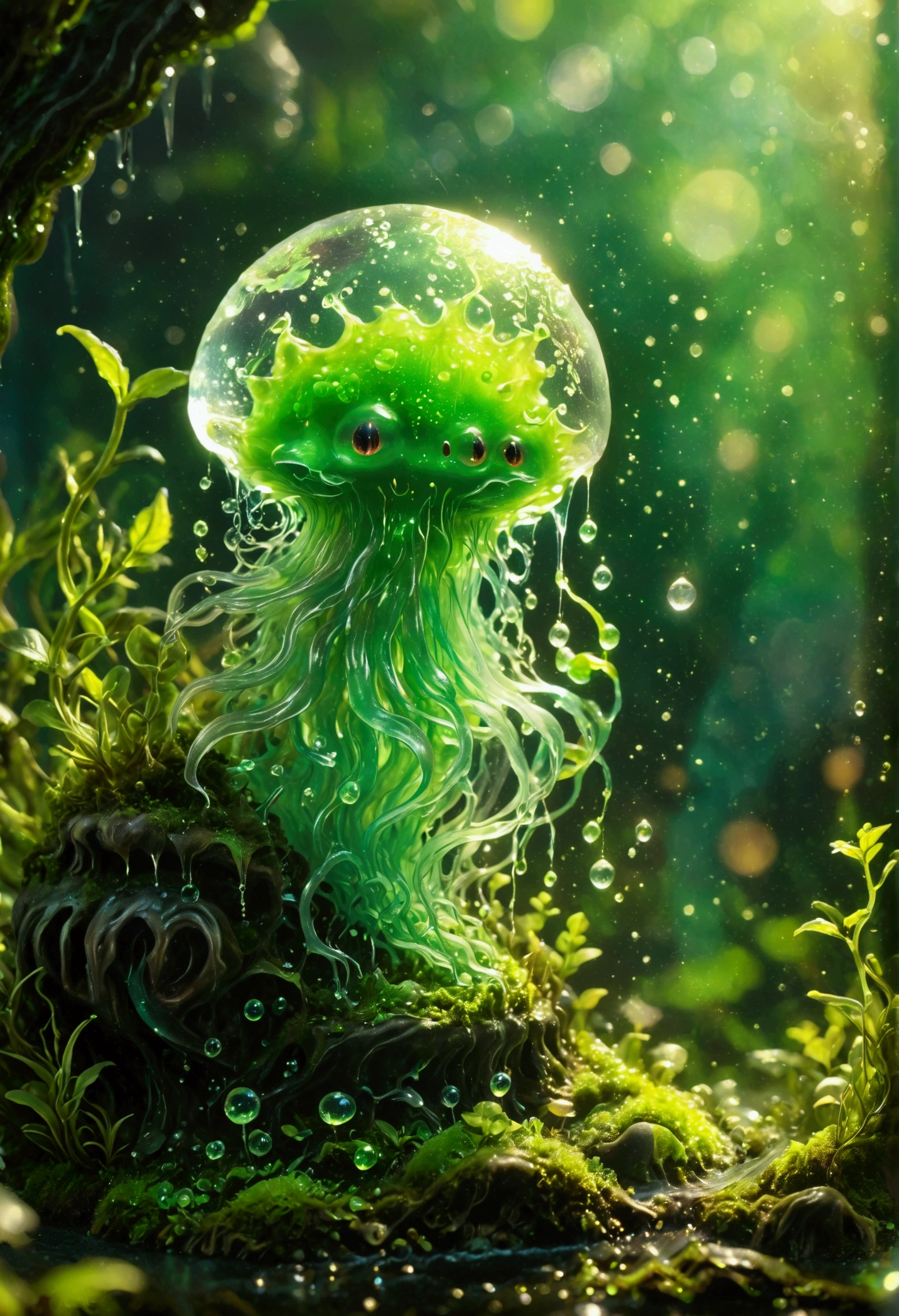 Visualize a slime creature in a fantasy setting. The creature is known for its jelly-like translucent body that shimmers in various shades of green. It has no definite shape but is generally spherical. It moves slowly by deforming its body, flowing over obstacles in its path. Within its gelatinous mass, tiny sparkles can be seen, giving it an otherworldly charm.
