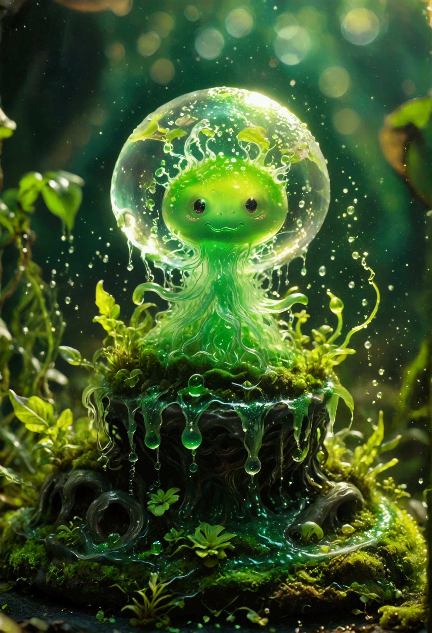 Visualize a slime creature in a fantasy setting. The creature is known for its jelly-like translucent body that shimmers in various shades of green. It has no definite shape but is generally spherical. It moves slowly by deforming its body, flowing over obstacles in its path. Within its gelatinous mass, tiny sparkles can be seen, giving it an otherworldly charm.
