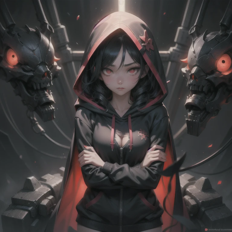 a drawing of a woman with long black hair and red eyes, medieval girl with long curly jet black hair, medieval anime girl in hoodie, beautiful female necromancer, digital art anime, a nervous age killer, detailed anime character art