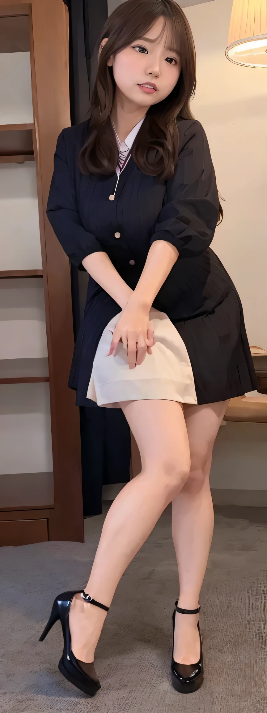 Japanese maid, Mature Woman, ((A little chubby, Round face, 43 years old)), Wavy black hair with no bangs, Long Hair, Twin ponytail, Flashy makeup, Fuller lips, Sexy Gaze, uniform, ((dressing)), Looking into the camera, Low angle shooting, Cute duck mouth,((Extremely precise and accurate anatomy)), (masterpiece:1.43), Perfect Proportions, Realistic photos, Full Shot, whole body, (height: 146cm), High heels Has two legs,Has two arms、Has two legs, You need two arms))