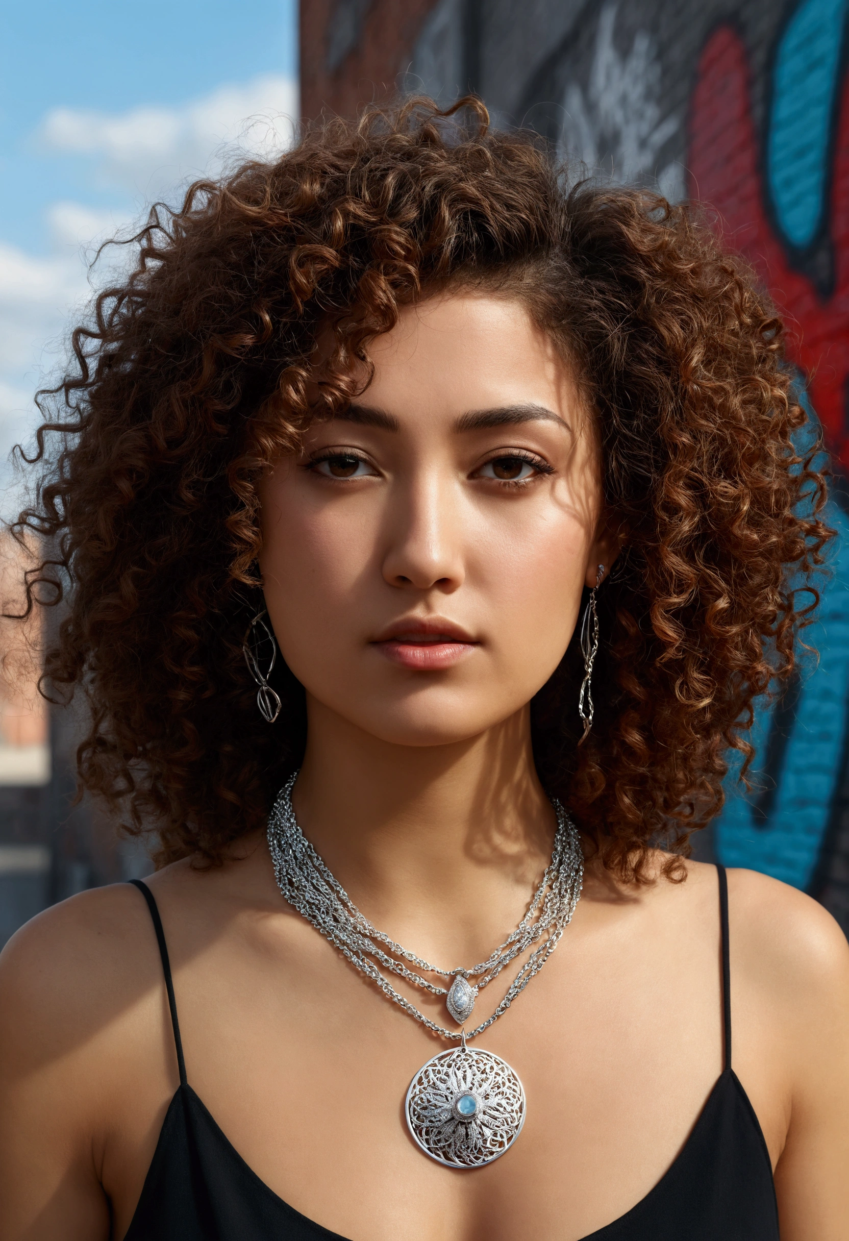 A close-up shot from a three-quarter angle of a Turkic woman with curly hair, wearing a delicate platinum chain and pendant. She stands against a modern urban backdrop with graffiti art, highlighting her hipster style and the elegant simplicity of the jewelry. The image is photorealistic, hyper-realistic digital, high quality, 8K Ultra HD.