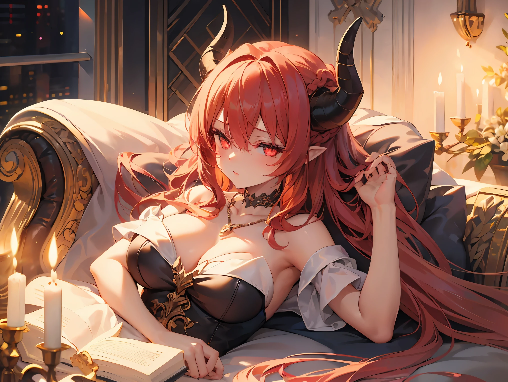 red hair, braided bun, (dragon horns), mismatched pupils, sleepy, Baroque, chiaroscuro, anatomically correct, super detail, high details, best quality, high quality, textured skin, ((masterpiece)), accurate, Demon queen, demon, lying on sofa, looking up, Put her arm under your head as a pillow, arm-pillow, Sleepy appearance, A dark room lit only by candlelight, a candelabra, Off-the-shoulder dress, ruby ​​necklace