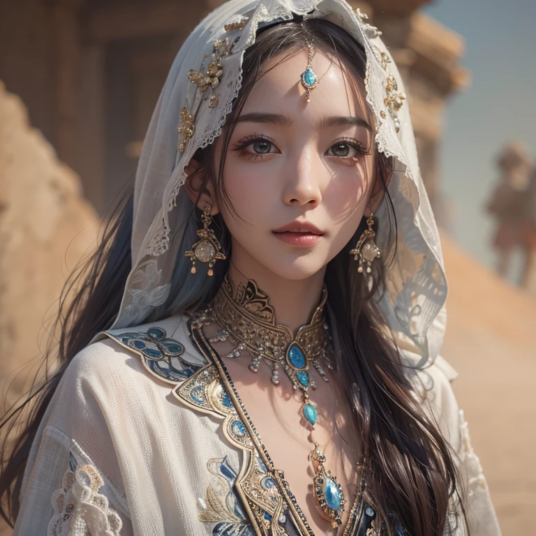 Hiding in the desert、Hair Flow、 ((Highest quality、masterpiece、8k、Best image quality、Ultra-high resolution、Award-winning works)、(Accurate anatomy:1.1)、(Look at me and smile:1.1)、Shining fair skin with Ultra-high resolution、The most detailed face、Ultra-high resolution detailed face、Ultra-high resolutionの髪の毛、(Ultra-high resolutionの煌めく瞳:1.1)、Beautiful face drawn in every detail、(Blurred Background:1.1)、Ancient Islamic clothing, Chest to chest, tattoo, Old ruins in the background、