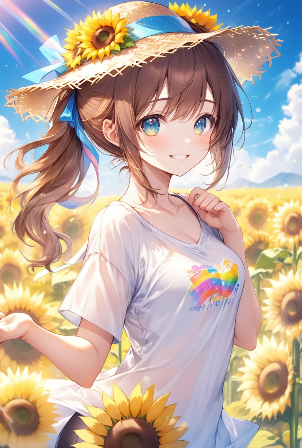 (Highest quality, 8k, 32K, masterpiece, Ultra-high resolution,:1.2),born, One girl,Super cute , Natural light,Clear, shining eyes, 20-year-old ,Fair skin, Wearing an open-necked T-shirt, Sexy pose, An innocent smile, A fantasy background of an electronic world like a sunny sunflower field, Straw hat, blue sky, summer, Dazzling brown haired girl, ponytail,Nyan Nyan Pose