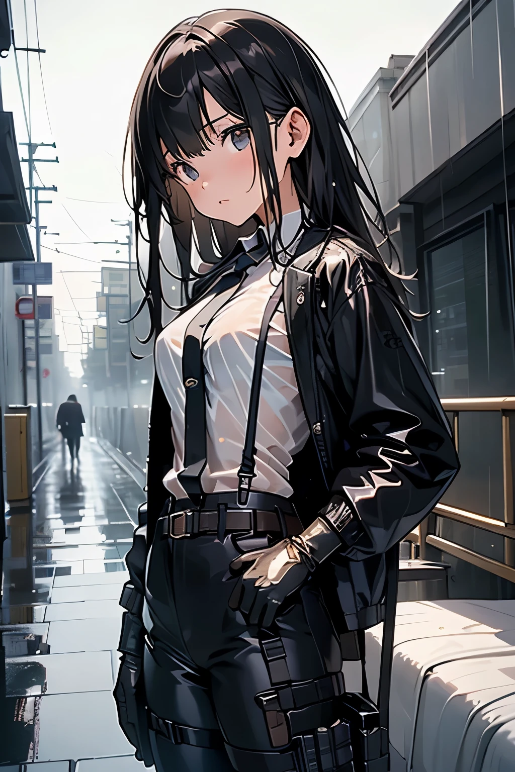 1 female, , high quality, masterpiece, Ultra-high resolution, , Cinema Lighting, , , And the suspenders with the cranes flying Large Breasts Small face holster Lying in bed Looking up Sweat belt summer 脇Sweat Black Hole Gloves suit shirt Black jacket Black trousers Leg Links ズボンにbelt holster Hands behind your back Anxious expression Looking up Anxious face, legs apart Armament Cable ties レッグholster holster See-through clothing heavy rain Getting wet in the rain