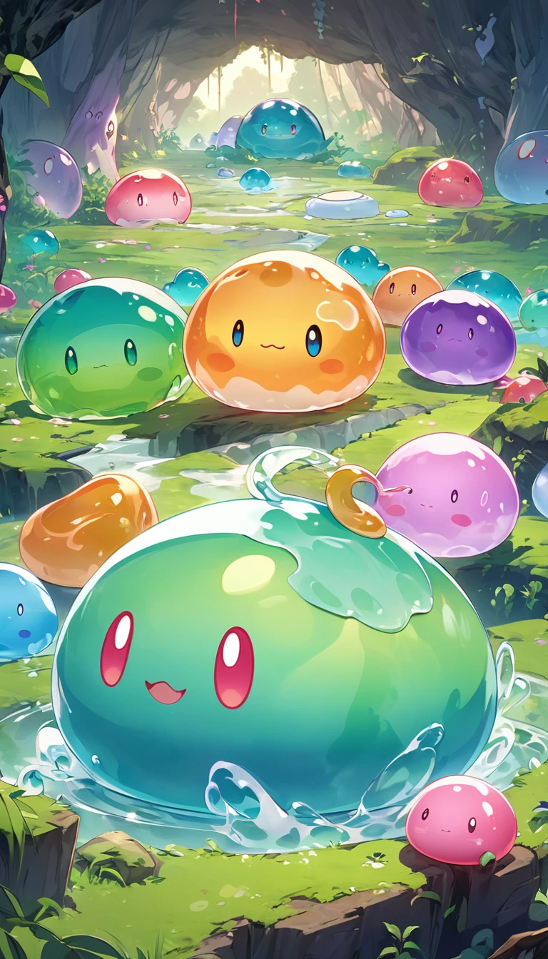 adventure game.Players capture and train slimes,As a pet or battle companion.Slime usually appears as a transparent、Soft and tender、Gel-like organisms appear in different colors,blue、green、Pink, etc. have no clear body structure,Beautifully textured foregrounds and backgrounds that can deform and flow，detailed, bright, Animation style high definition and high quality presentation
