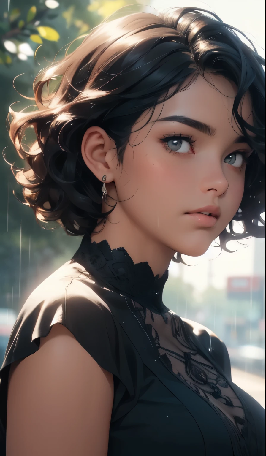 1woman,brown skin, black skin,dark skin,melanin,black hair,curly hair,round face,chubby body,overweight,plus size,background,absurdres,masterpiece,highres,intricately detailed,strutting outdoors,gorgeous eyes,detailed face,pouring rain,outdoors,global illumination,subsurface scattering,portrait,black dress,