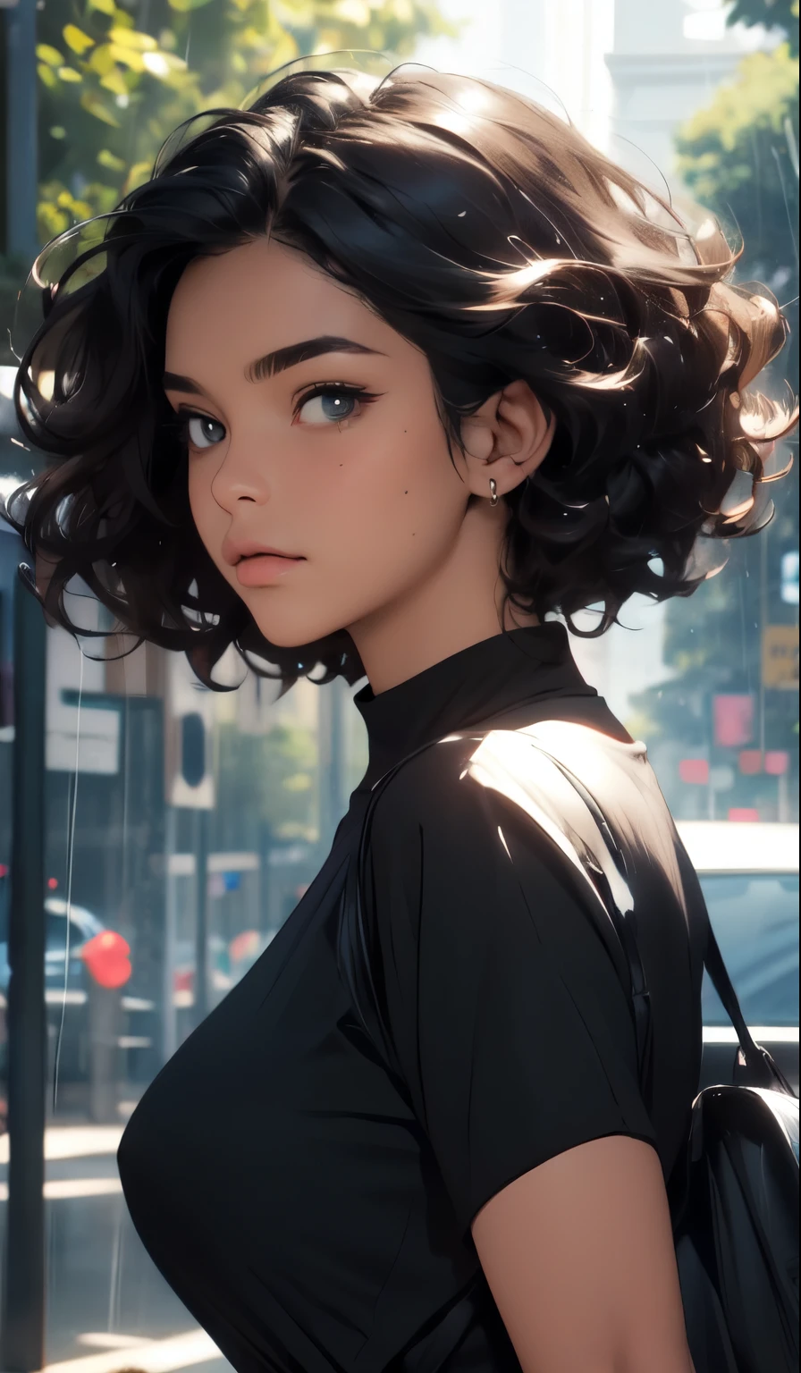 1woman,brown skin, black skin,dark skin,very dark skin,deep skin color,round nose,melanin,black hair,curly hair,round face,chubby body,overweight,plus size,chubby arms,background,absurdres,masterpiece,highres,intricately detailed,strutting outdoors,gorgeous eyes,detailed face,pouring rain,outdoors,global illumination,subsurface scattering,portrait,black dress,
